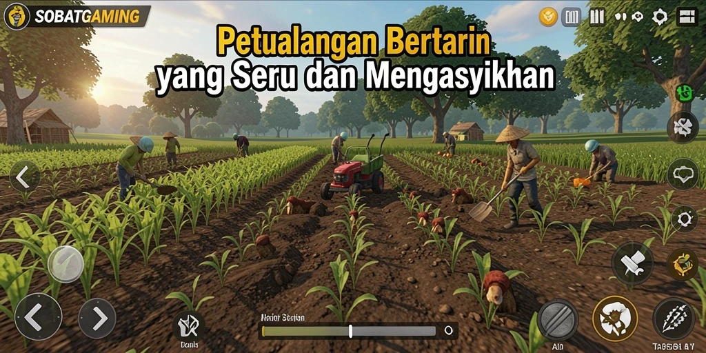 Screenshot menunjukkan petani merawat lahan dengan grafik menarik dan warna cerah.
